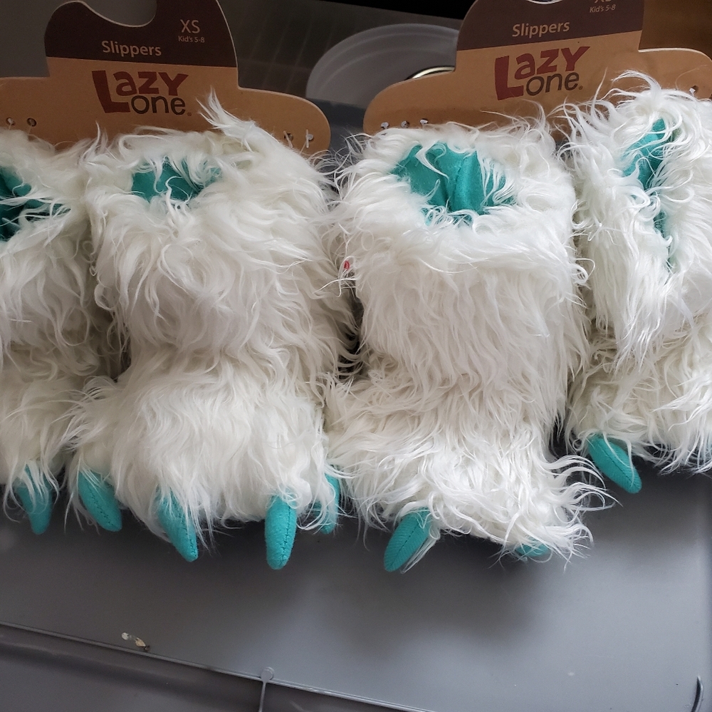 Lazy One White and Teal Furry Slippers